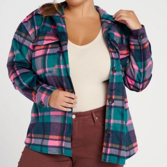 Anthropologie Avec Les Filles NWT Womens Plaid Wool Blend Shacket Coat Pink 2X - Picture 1 of 11